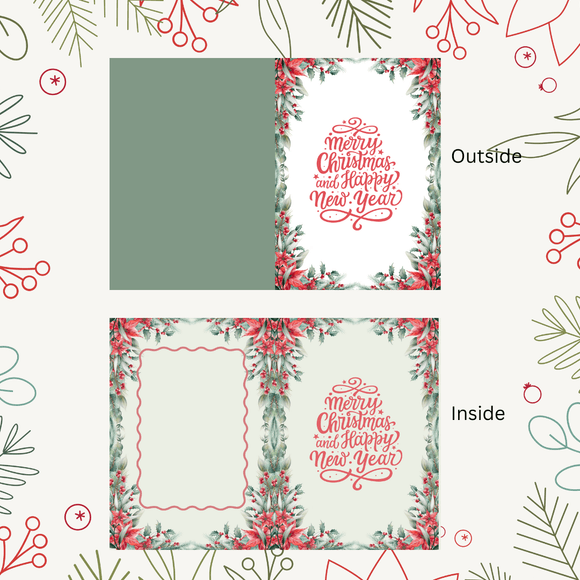 Cute Floral Christmas &amp; New Year Folded Card- Portrait. Printable- instant download, 10x7 In.