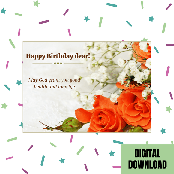 Beautiful Orange Roses Birthday Card- Landscape. Printable- instant download, 7x5 In.