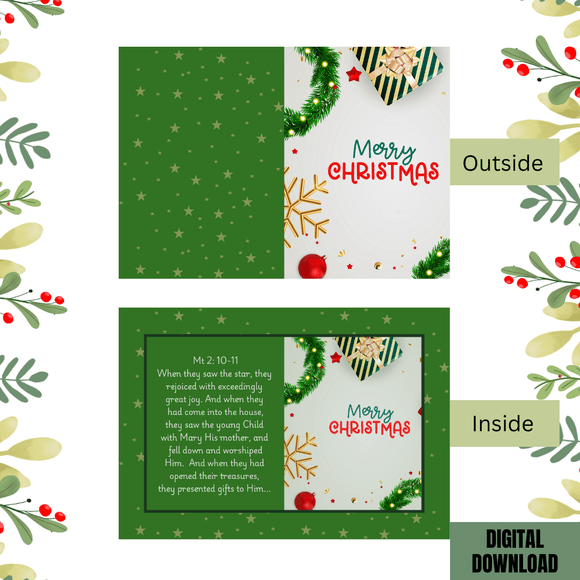 Cute Green Seasonal Christmas Folded Card- Portrait. Printable- instant download, 10x7 In.