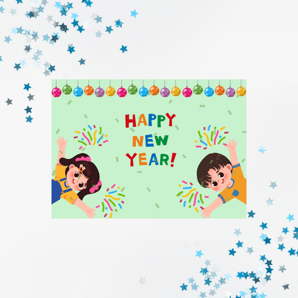 Kids New Year Card- Landscape. Printable- instant download, 7x5 In.