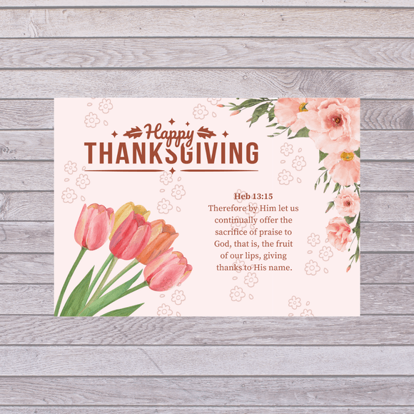 Cute Pink Flower Thanksgiving Card- Landscape. Printable- instant download, 7x5 In