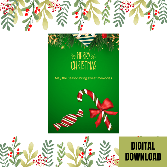 Cute Candy Christmas Card- Portrait. Printable- instant download, 5x7 In