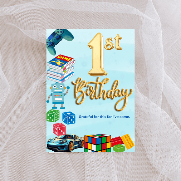 1st Birthday Card- Blue (Portrait). Printable- instant download, 5x7 In