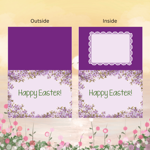 Lovely Purple Folded Easter Card- Landscape. Printable- instant download, 5.8 x 8.2 In.