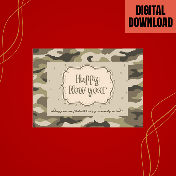 Beautiful Military Camouflage New Year Card- Landscape. Printable- instant download, 7x5 In.