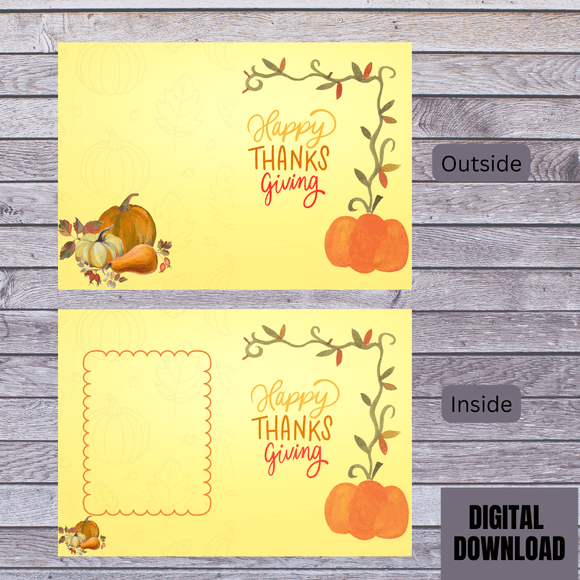 Beautiful Pumpkin Thanksgiving Folded Card- Portrait. Printable- instant download, 10x7 In