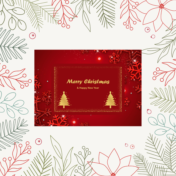 Red and Gold Christmas &amp; New Year Card- Landscape. Printable- instant download, 7x5 In.