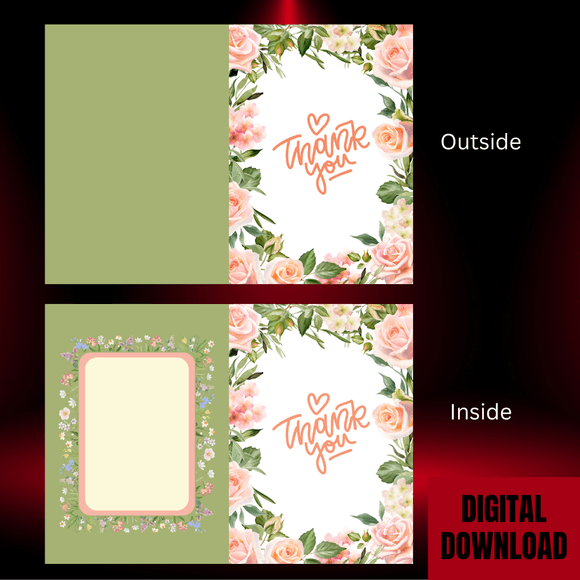 Lovely Floral Thank You Folded Card- Portrait. Printable- instant download, 21x14.8 cm