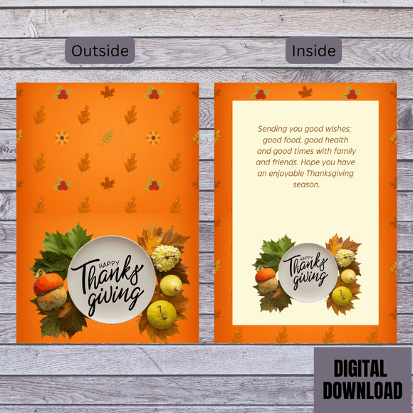 Pretty Happy Thanksgiving Folded Card- Landscape. Printable- instant download, 7x10 In