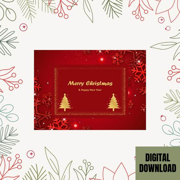 Beautiful Red and Gold Christmas &amp; New Year Card- Landscape. Printable- instant download, 7x5 In.