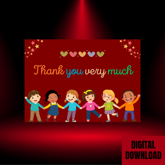 Beautiful Kids Thank You Card- Landscape. Printable- instant download, 7x5 In.