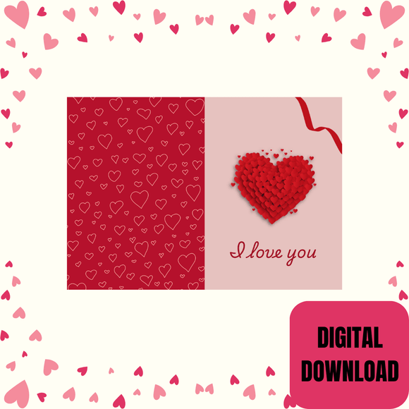 Folded Love You Couple Card- Portrait. Printable- instant download, 10x7 In.