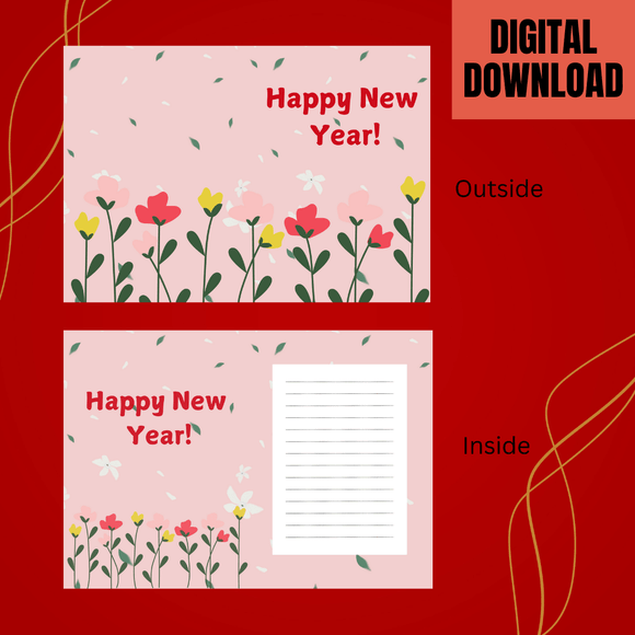 Cute Floral New Year Folded Card- Portrait, Printable- instant download, 10x7 In.