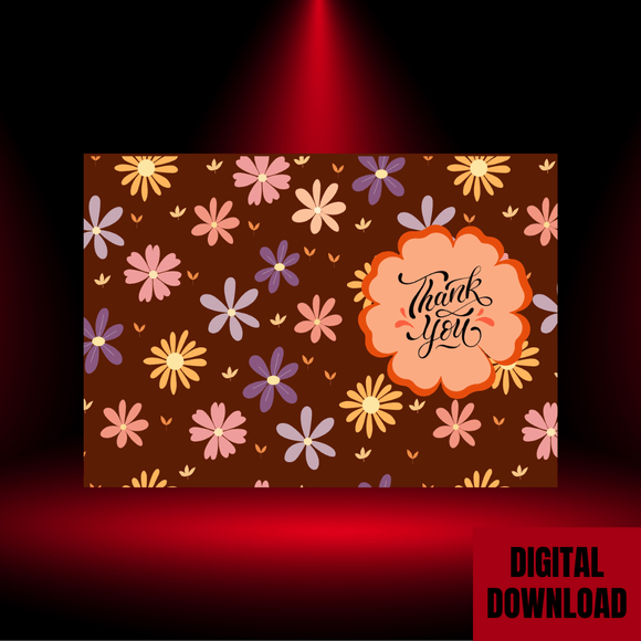 Cute Floral Thank You Folded Card- Portrait. Printable- instant download. 21x14.8 cm