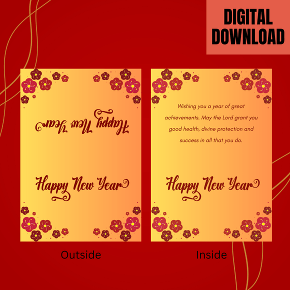 Beautiful Floral New Year Folded Card- Landscape. Printable- instant download, 7x10 In.