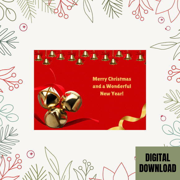 Beautiful Bells Christmas &amp; New Year Card- Landscape. Printable- instant download, 7x5 in.