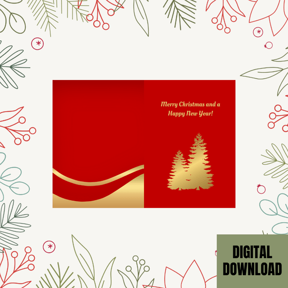 Cute Tree Christmas &amp; New Folded Card- Portrait. Printable- instant download, 10x7 In.