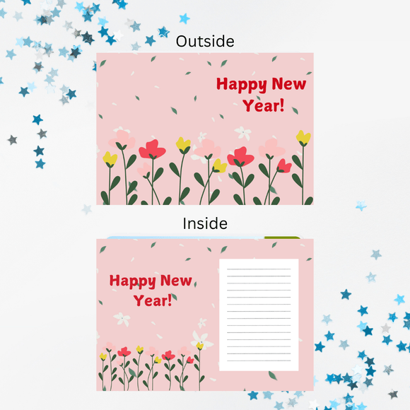 Folded Flower New Year Card- Portrait, Printable- instant download, 10x7 In.