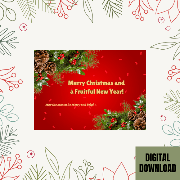 Beautiful Holly Christmas and New Year Card- Landscape. Printable- instant download, 7x5 In.