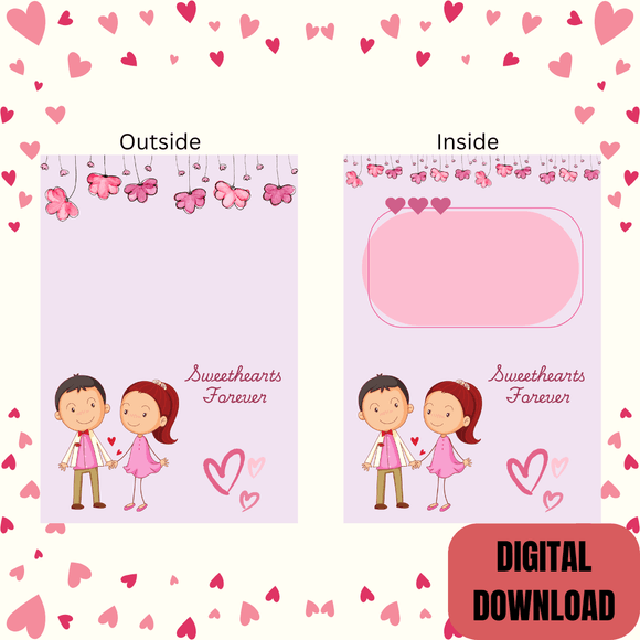 Sweethearts Forever Folded Couple Card- Landscape. Printable- instant download, 7x10 In.