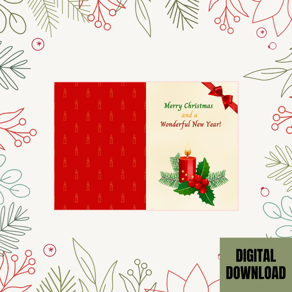 Cute Candle Christmas &amp; New Year Folded Card- Portrait. Printable- instant download, 10x7 In.