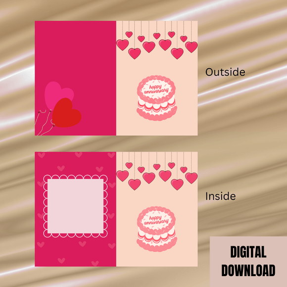 Beautiful Pink Happy Anniversary Folded Card- Portrait. Printable- instant download, 21x14.8 cm.