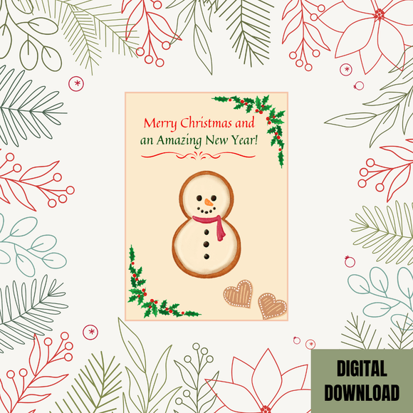 Cute Cookie Christmas &amp; New Year Card- Portrait. Printable- instant download, 5x7 In