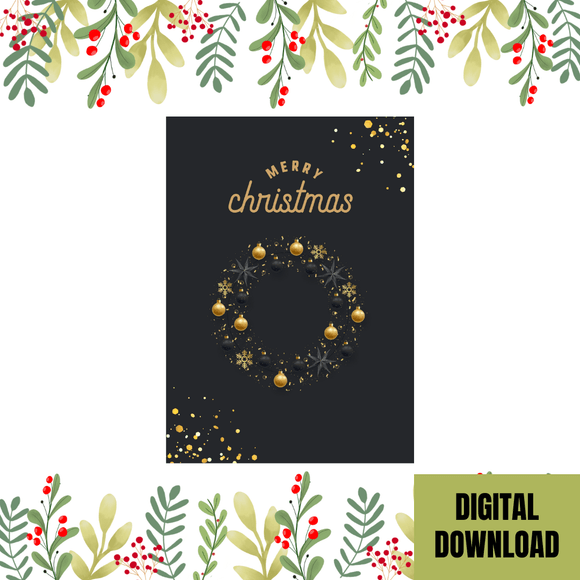 Cute Wreath Christmas Card- Portrait. Printable- instant download, 5x7 In