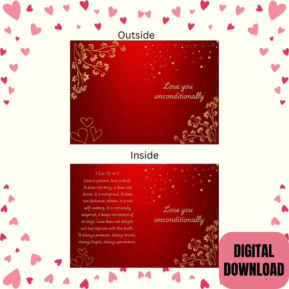 Unconditional Love Folded Couple Card- Portrait. Printable- instant download, 10x7 In.