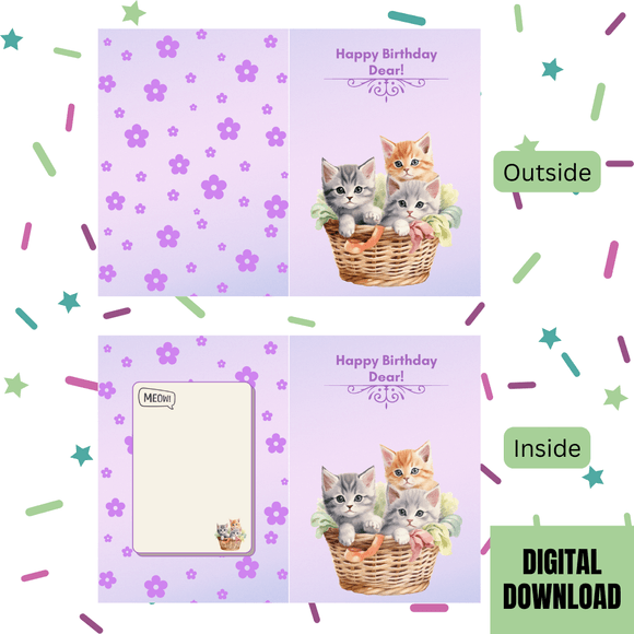 Cute Kitty Birthday Folded Card- Portrait. Printable- instant download, 10x7 In