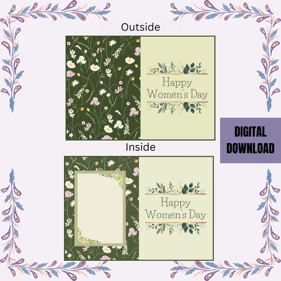 Green Floral Folded Women&#x27;s Day Card- Portrait. Printable- instant download, 10x7 In.