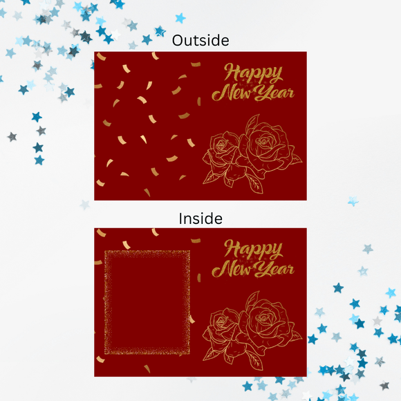 Gold Flower New Year Card- Portrait. Printable- instant download, 10x7 In.