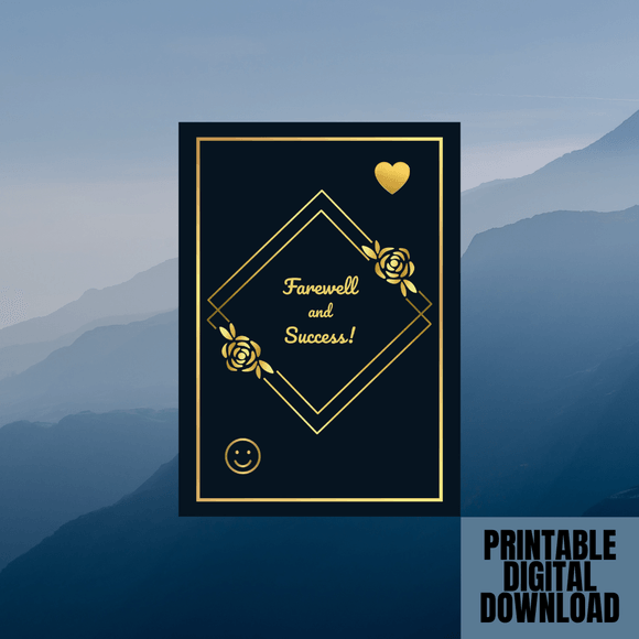 Cute Blue &amp; Gold Farewell Card- Portrait. Printable- instant download, 5x7 In.