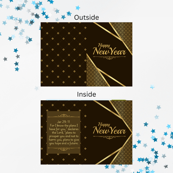 Folded Gold Pattern New Year Card- Portrait. Printable- instant download, 10x7 In.