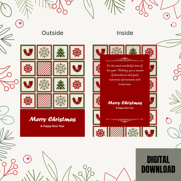 Lovely Red and Green Christmas &amp; New Year Fold Card- Landscape. Printable- instant download 7x10 In.