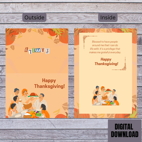 Lovely Family Thanksgiving Folded Card- Landscape. Printable- instant download, 7x10 In