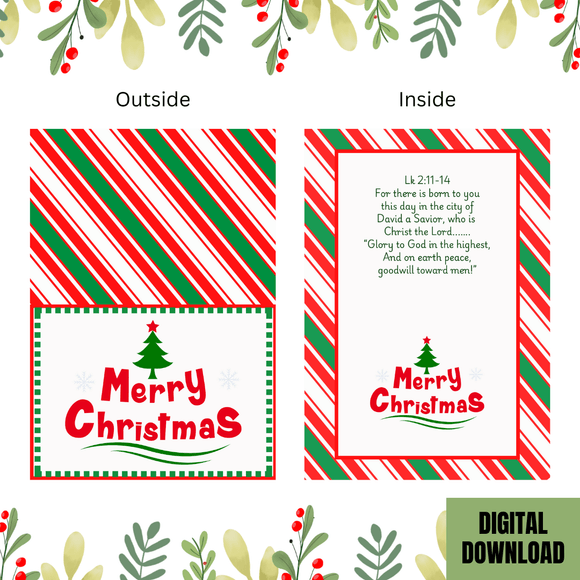 Beautiful Red &amp; Green Christmas Folded Card- Landscape. Printable- instant download, 7x10 In.