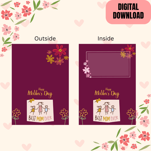 Pretty Folded Happy Mother&#x27;s Day Card- Landscape. Printable- instant download, 14.8 x 21 cm.
