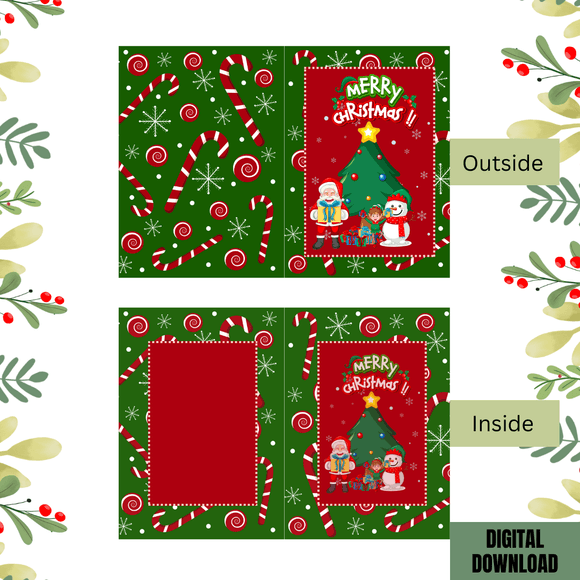 Cute Merry Christmas Folded Card- Portrait. Printable- instant download, 10x7 In.