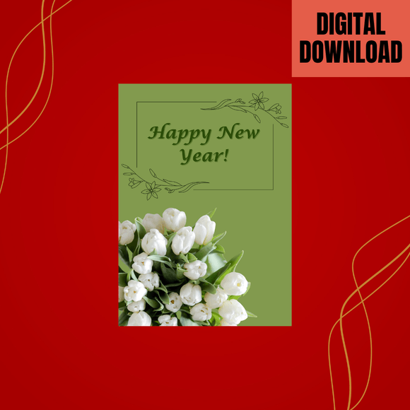 Cute White Flowers New Year Card- Portrait. Printable- instant download, 5x7 In.
