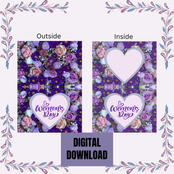 Beautiful Purple Floral Folded Women&#x27;s Day Card- Landscape. Printable- instant download, 7x10 In.