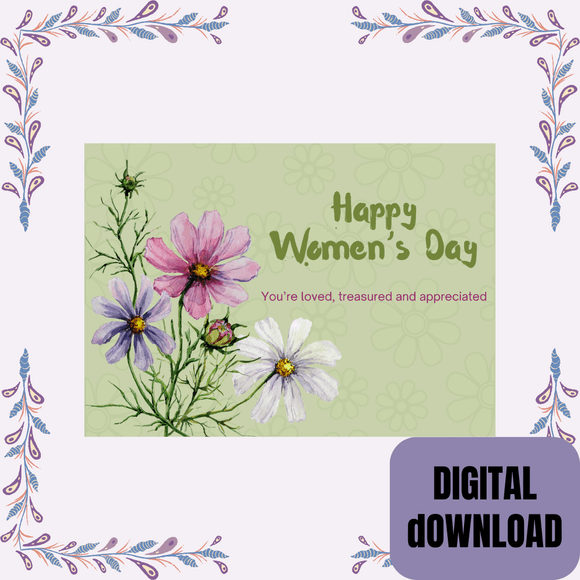 Beautiful Floral Women&#x27;s Day Card- Landscape. Printable- instant download, 7x5 In.
