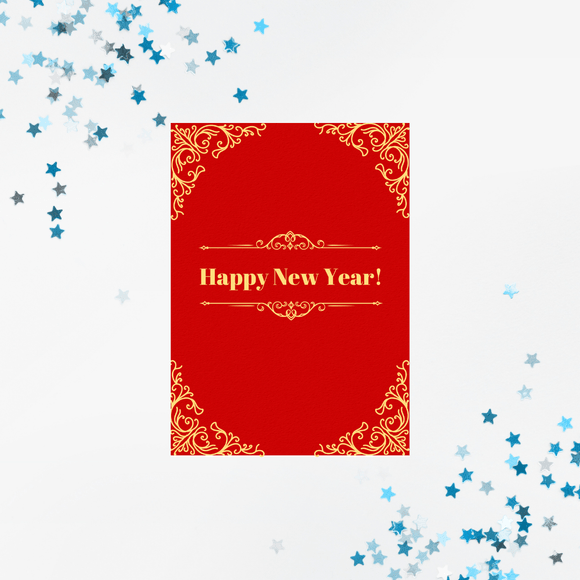 Red &amp; Gold New Year Card- Portrait. Printable- instant download, 5x7 In.