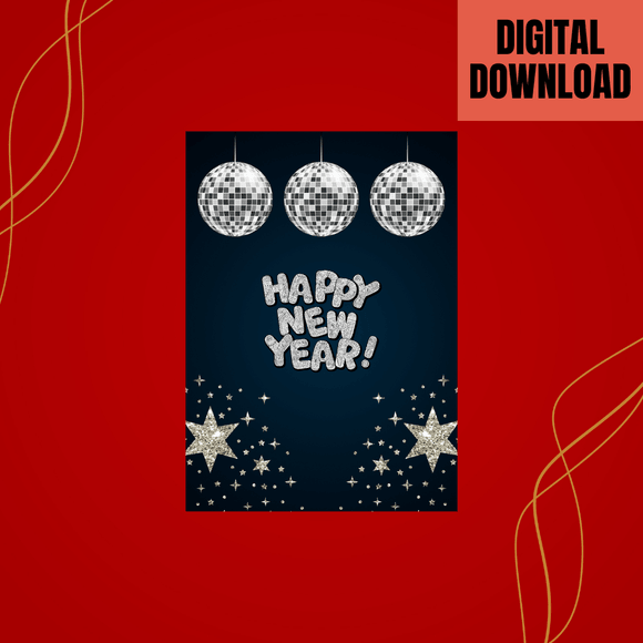 Cute Silver Ornament New Year Card- Portrait. Printable- instant download, 5x7 In.