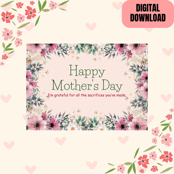 Beautiful Floral Mother&#x27;s Day Card- Landscape. Printable- instant download, 7x5 In.