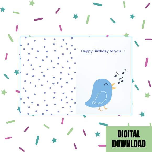 Cute Singing Bird Birthday Folded Card- Portrait. Printable- instant download, 10x7 In
