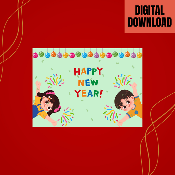 Beautiful Kids New Year Card- Landscape. Printable- instant download, 7x5 In.