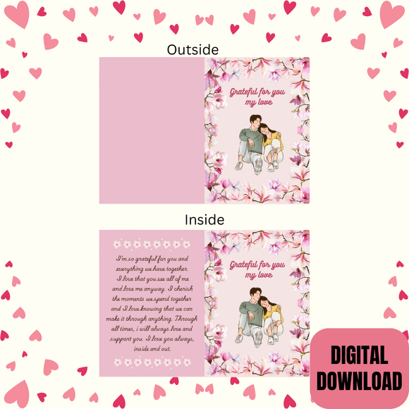 Grateful For You Folded Couple Card- Portrait. Printable- instant download, 10x7 In.
