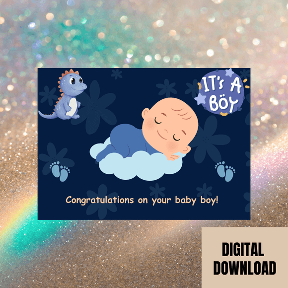 Cute Baby Boy Congratulations Card- Landscape. Printable- instant download, 7x5 In.