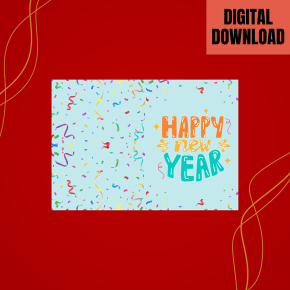 Cute Happy New Year Folded Card- Portrait. Printable- instant download, 10x7 In.